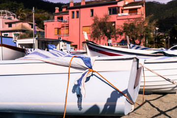 Fototapeta na wymiar aground boats in Monterosso harobr during the spring. Cinque Terre, Liguria, Italy