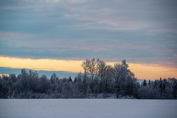 colorful sunset light over fields of snow in winter