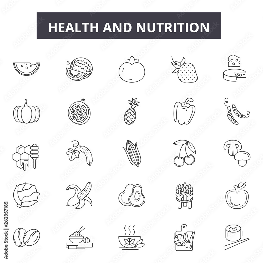 Wall mural Health and nutrition line icons, signs set, vector. Health and nutrition outline concept illustration: health,diet,nutrition,fitness,exercise,food,healthy,gym