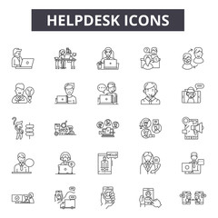 Helpdesk line icons, signs set, vector. Helpdesk outline concept illustration: helpdesk,support,service,help,call,customer,communication,phone - obrazy, fototapety, plakaty