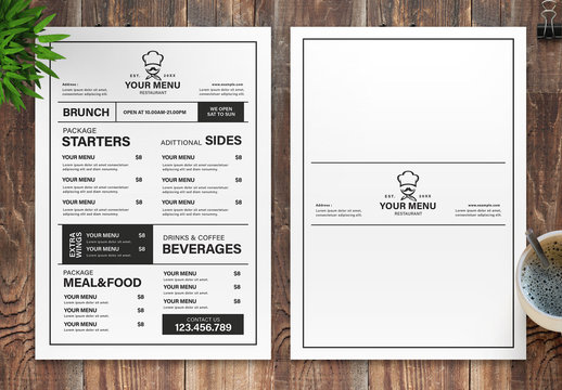 Restaurant Menu Layout with Black and White Accents