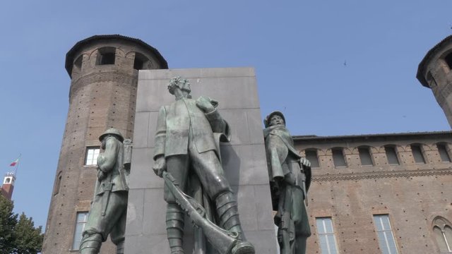 Statues of soldiers by Castello degli Acaja in Piazza Castello, Turin, Italy, Europe