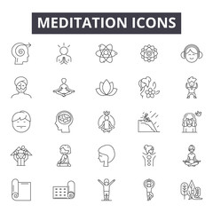 Meditation line icons, signs set, vector. Meditation outline concept illustration: yoga,meditation,health,relaxation,zen,wellness,relax