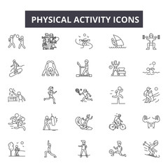 Physical activity line icons, signs set, vector. Physical activity outline concept illustration: physical,activity,exercise,sport,healthy,man,health,training