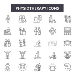 Physiotherapy line icons, signs set, vector. Physiotherapy outline concept illustration: medical,physiotherapy,health,care,patient,rehabilitation,therapy,massage,treatment