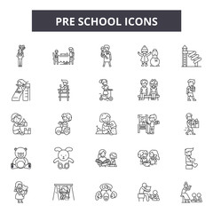 Pre school line icons, signs set, vector. Pre school outline concept illustration: child,dehappy,kid,preschool,play