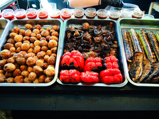 Assortmen of grilled vegetables: grilled eggplants, squash, grilled mushrooms and grilled squash. 