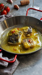 bacalao al pil pil, salted cod in emulsified olive oil sauce, spanish cuisine, basque country