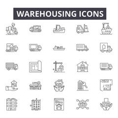 Warehousing line icons, signs set, vector. Warehousing outline concept illustration: transportation,business,truck,delivery,warehousing,warehouse,cargo,symbol