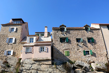 Fototapeta na wymiar Historical traditional houses on a cliff, landmark in Split, Croatia.