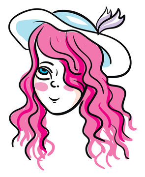 Girl With Light Pink Hair And Blue Hat Looks Beautiful Vector Or Color Illustration