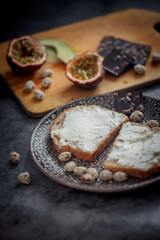 Launch with Dietary sandwiches with grain bread, cream cheese and avocado