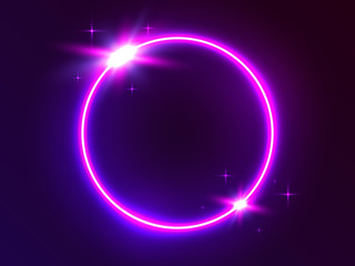 Neon circle. Futuristic round light. Glowing frame on dark backdrop. Light ring and glowing elements. 3d portal with modern effects. Bright circular shape. Vector illustration