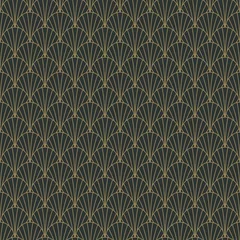 Foto op Plexiglas Art Deco Naadloos Patroon - Herhalend patroonontwerp met art deco-motief in antraciet en vintage goud © Mai
