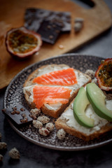Launch with Dietary sandwiches with grain bread, cream cheese and avocado