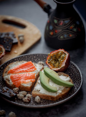 Launch with Dietary sandwiches with grain bread, cream cheese and avocado