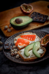 Launch with Dietary sandwiches with grain bread, cream cheese and avocado