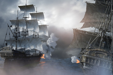 Fototapety  bitwa morska z żeglującym statkiem pirackim 3d, render