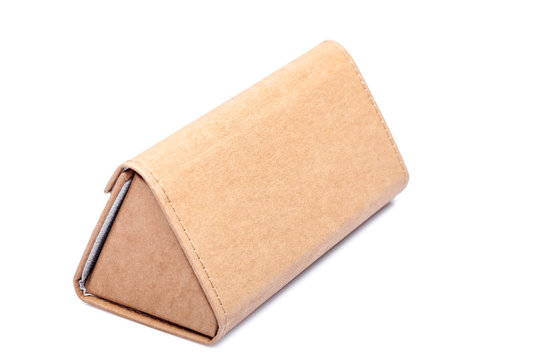 mockup eyewear shopping brown gift box from eco cardboard triangular shape on a white background side view.