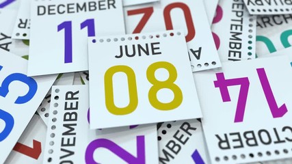 Calendar page shows June 8 date. 3D animation