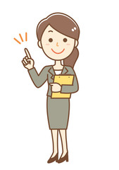 女性　スーツ　指さし　全身