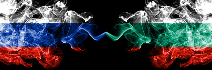 Russian vs Bulgaria, Bulgarian smoke flags placed side by side. Thick colored silky smoke flags of Russia and Bulgaria, Bulgarian