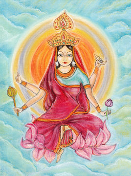 Beautiful Hindu goddess rendering Siddhidatri. Navaratri. Day 9. Pastel drawing.