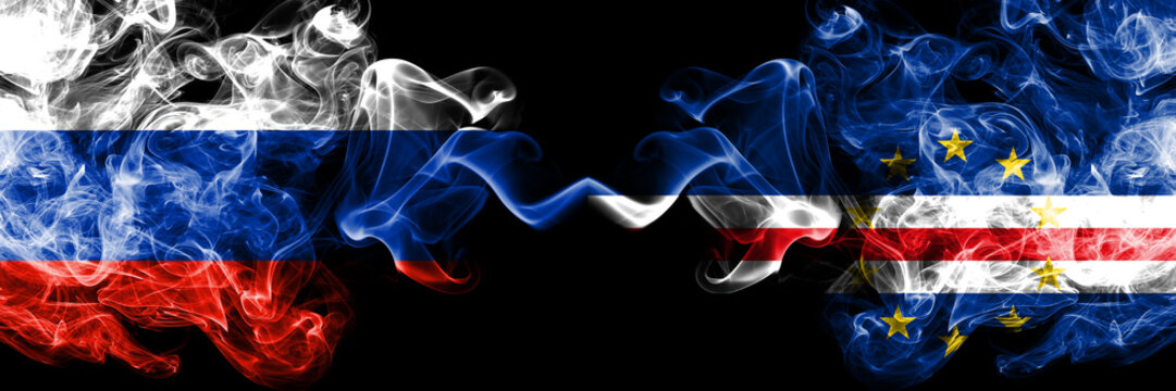 Russian vs Cape Verde smoke flags placed side by side. Thick colored silky smoke flags of Russia and Cape Verde
