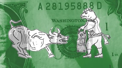 Bull or Bear Market: Bear dressed as matador taunts a bull with green money.