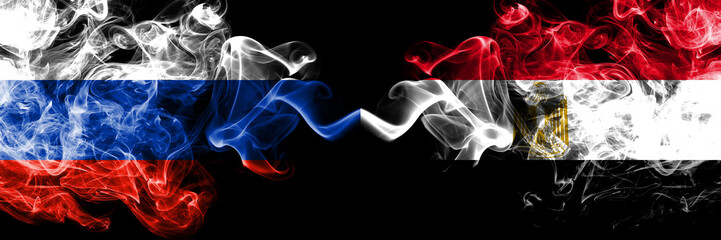 Russian vs Egypt, Egyptian smoke flags placed side by side. Thick colored silky smoke flags of Russia and Egypt, Egyptian
