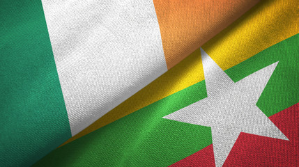 Ireland and Myanmar two flags textile cloth, fabric texture