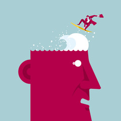 Businessman surfing on the head. Isolated on blue background.