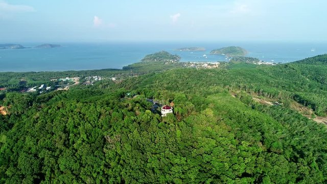 Aerial view Drone flying rotate Khao khad tower the landmark view point to see sunset or sunrise in Phuket Thailand