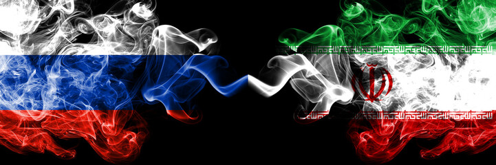 Russian vs Iran, Iranian smoke flags placed side by side. Thick colored silky smoke flags of Russia and Iran, Iranian