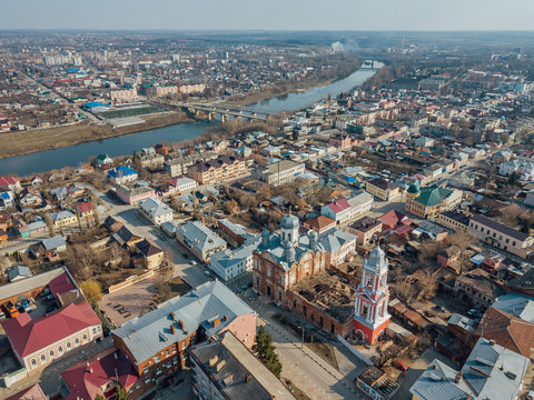 Yelets, Lipetsk region, historical downtown, aerial view from drone