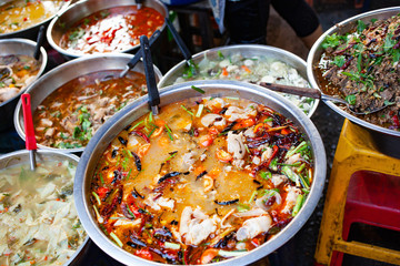 delicious fresh street food in Thailand - top view - Thai Curry, Tamarind, Tom Yam, Shrimp, Pork, Pad Thai