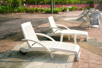 Deck chairs in a swimming club