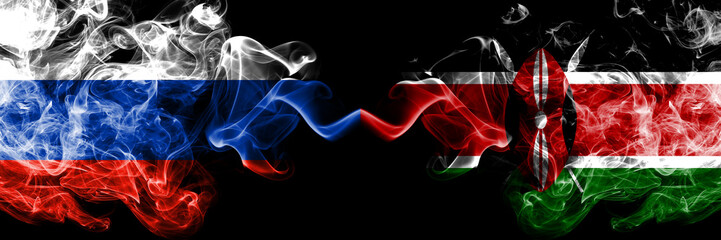 Russian vs Kenya, Kenyan smoke flags placed side by side. Thick colored silky smoke flags of Russia and Kenya, Kenyan
