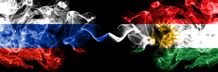 Russian vs Kurdistan, Kurdish smoke flags placed side by side. Thick colored silky smoke flags of Russia and Kurdistan, Kurdish