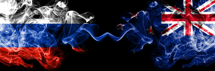 Russian vs New Zealand, New Zealander smoke flags placed side by side. Thick colored silky smoke flags of Russia and New Zealand, New Zealander