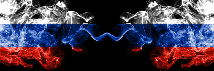 Russian vs Russia, Russian smoke flags placed side by side. Thick colored silky smoke flags of Russia and Russia, Russian