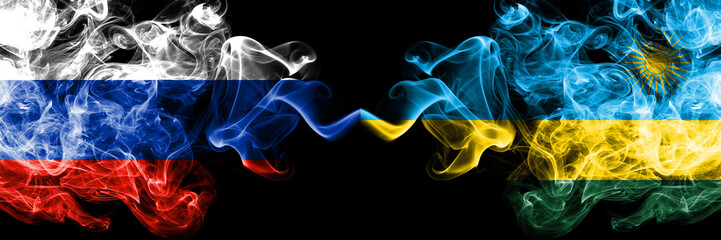 Russian vs Rwanda, Rwandan smoke flags placed side by side. Thick colored silky smoke flags of Russia and Rwanda, Rwandan