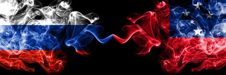 Russian vs Samoa, Samoan smoke flags placed side by side. Thick colored silky smoke flags of Russia and Samoa, Samoan