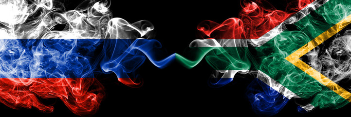 Russian vs South Africa, African smoke flags placed side by side. Thick colored silky smoke flags of Russia and South Africa, African