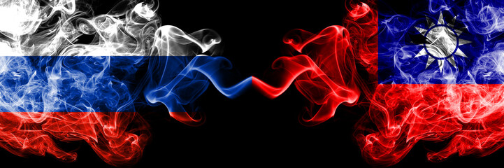 Russian vs Taiwan, Taiwanese smoke flags placed side by side. Thick colored silky smoke flags of Russia and Taiwan, Taiwanese