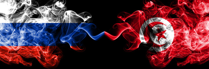 Russian vs Tunisia, Tunisian smoke flags placed side by side. Thick colored silky smoke flags of Russia and Tunisia, Tunisian