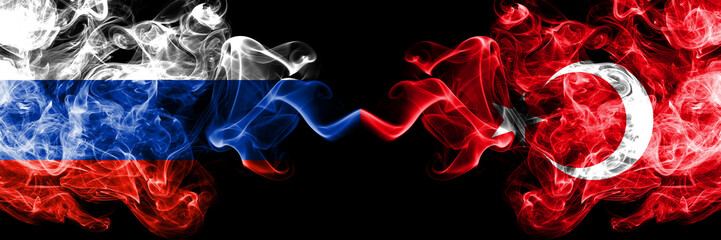 Russian vs Turkey, Turkish smoke flags placed side by side. Thick colored silky smoke flags of Russia and Turkey, Turkish