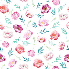 Watercolor spring flowers botanical pattern and seamless background. Ideal for printing onto fabric and paper or scrap booking. Hand painted. Raster illustration.