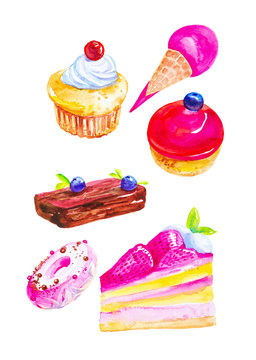 Set of ice cream,Bush, cake,muffin,sweet baskets,doughnuts and a piece of pie with blueberries. Watercolor illustration isolated on white background