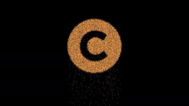 Symbol copyright appears from crumbling sand. Then crumbles down. Alpha channel Premultiplied - Matted with color black